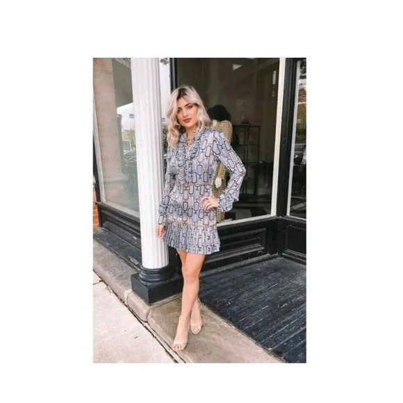 Alexis Cosi Mini Retro Pleated Long Sleeve Dress in Blue Slate Link Print Size S - Picture 11 of 11